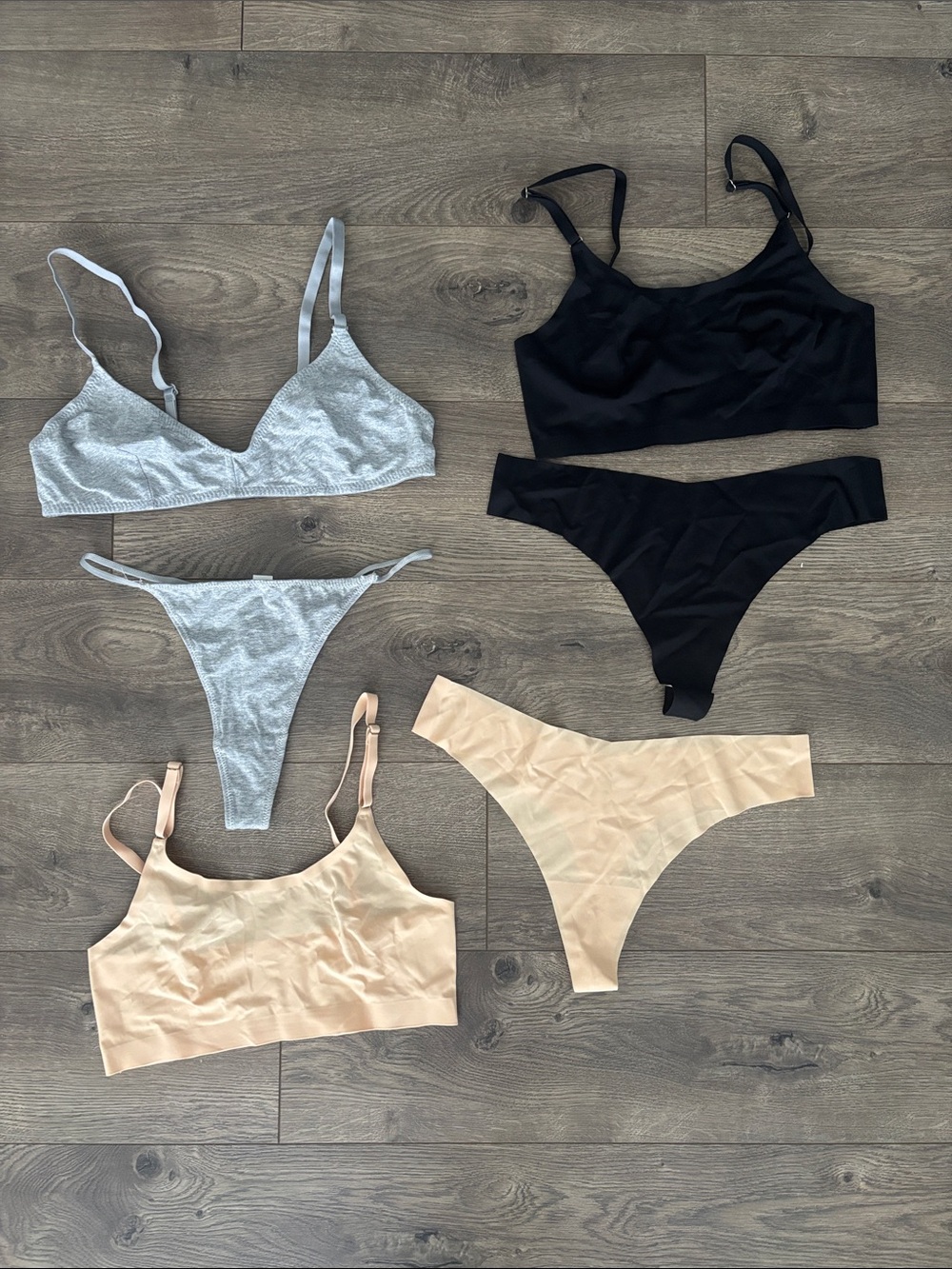 3-Pack Seamless Bralette & Thong Set in Black, Light Gray, and Light Peachy Nude